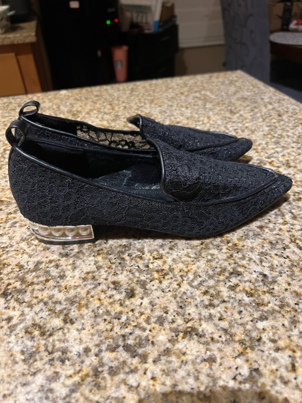 Black Lace Pointed-Toe Loafers with Pearl Accent Heel